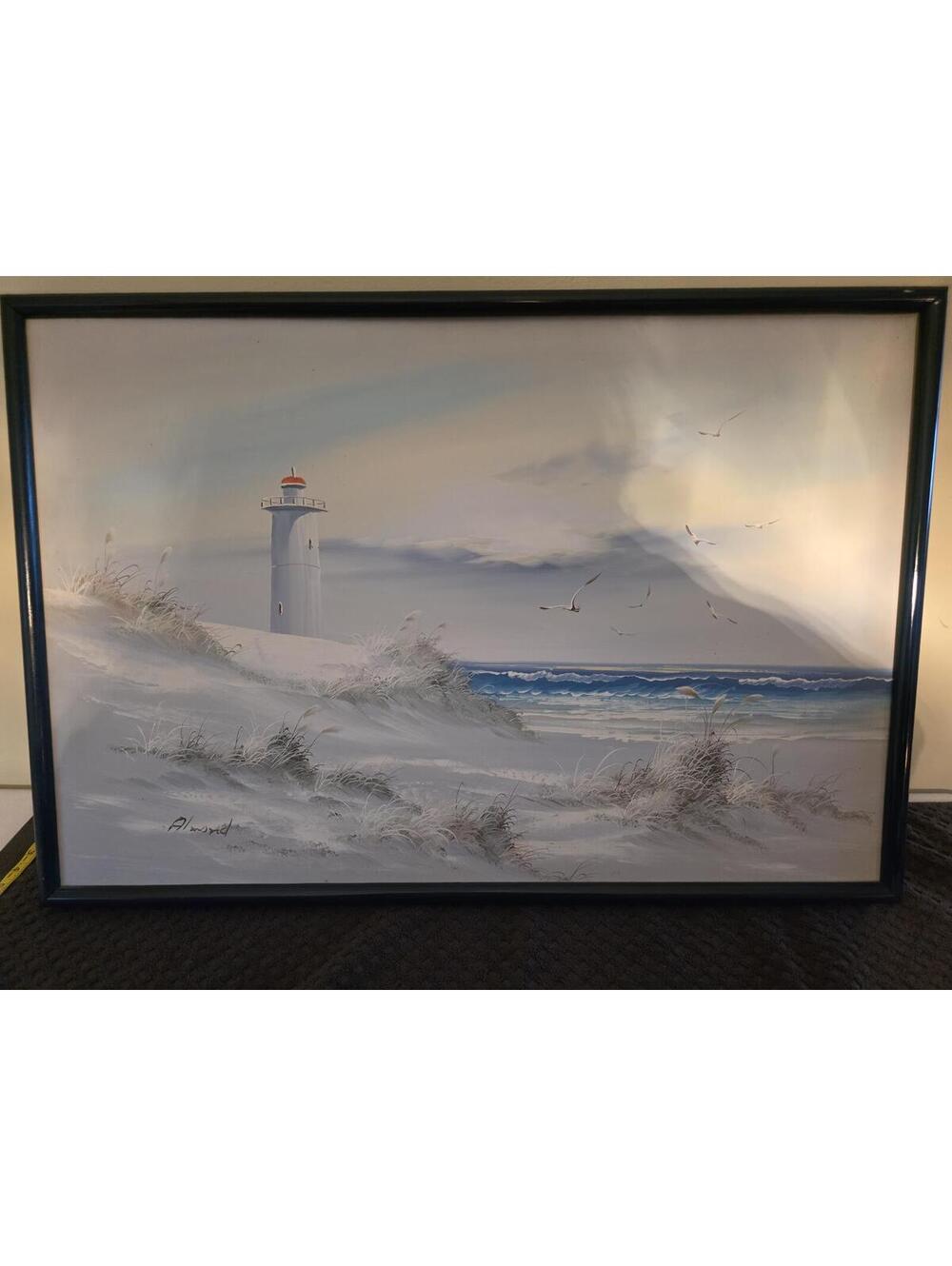 Framed Lighthouse Beach Wall Art Signed Coastal Seascape Print 38x25